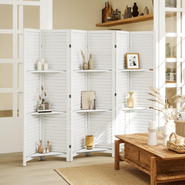 White folding room divider privacy screen with built-in shelves for decor and storage