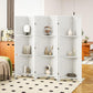 White 6-panel room divider privacy screen with three-tier open shelving for accessories