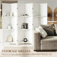 White room divider privacy screen with open shelves and compartments for storage, folding style