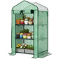 Green portable mini greenhouse with screened panels and roll-up zip door, open front