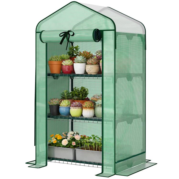 Green portable mini greenhouse with screened panels and roll-up zip door, open front