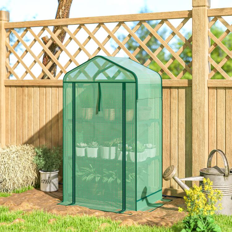 Green mini greenhouse with screen roof, roll-up zipper door, mesh panels