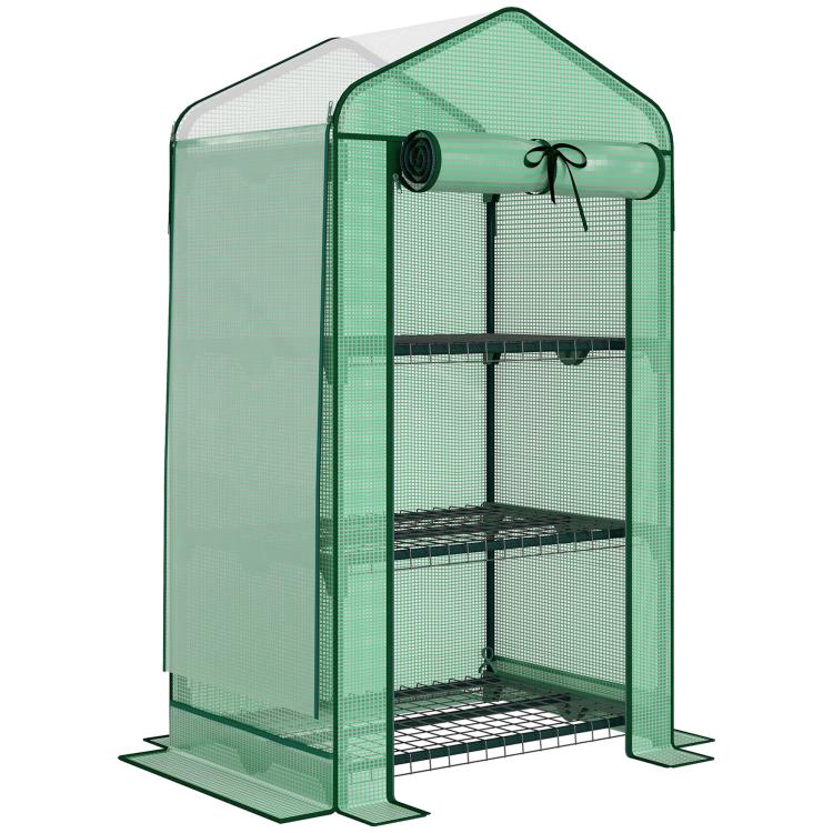 Green screen-roof mini greenhouse with front mesh door and side panels