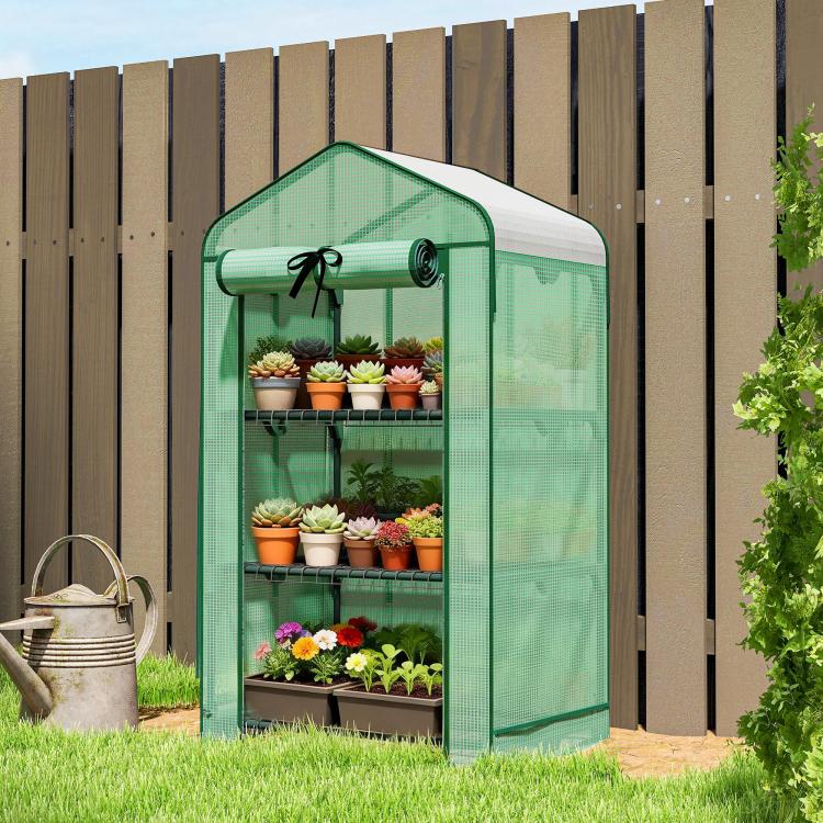 Green mini greenhouse with arched screen roof and roll-up door on metal frame