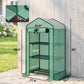 Green portable mini greenhouse with screened sides and arched roof; dimensions shown