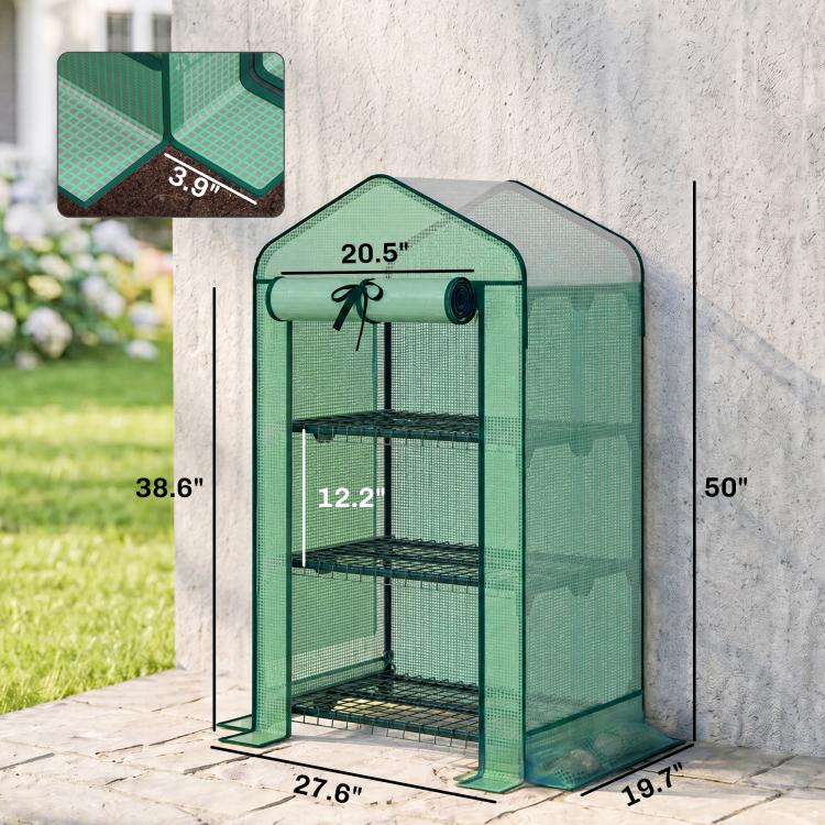 Green portable mini greenhouse with screened sides and arched roof; dimensions shown