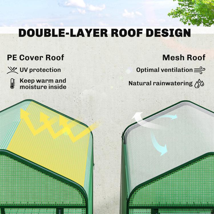 Green double-layer roof mini greenhouse: mesh roof and PE cover over frame