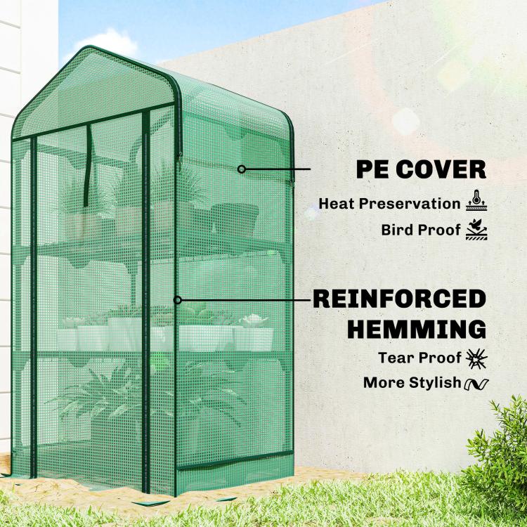 Green mini greenhouse with PE cover and reinforced hem; screened side panels