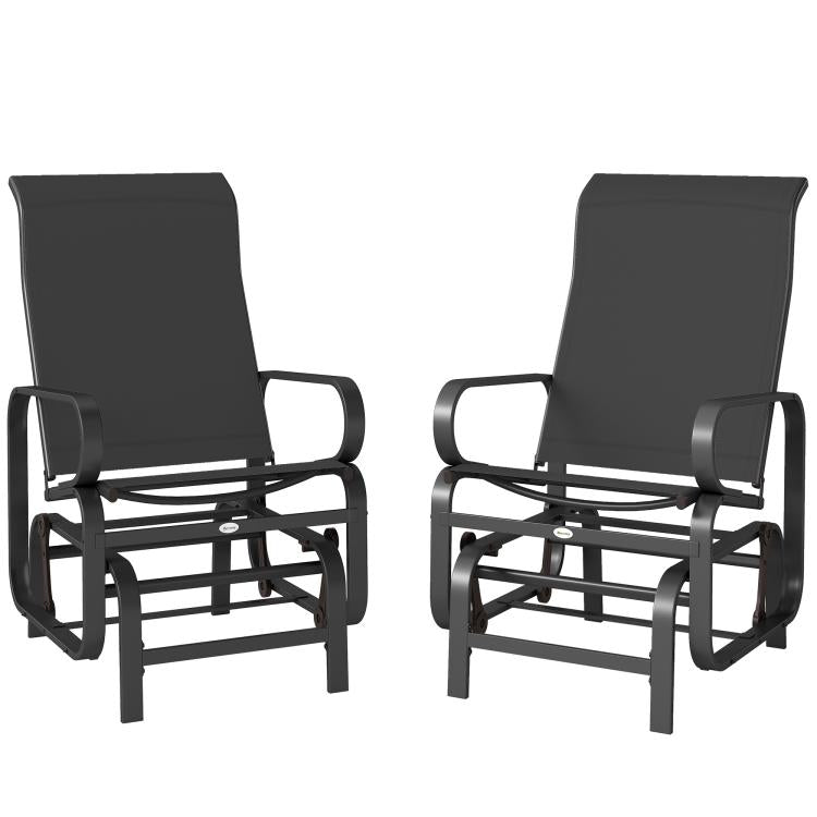 Pair of black mesh rocking glider chairs facing camera, curved high back and arms