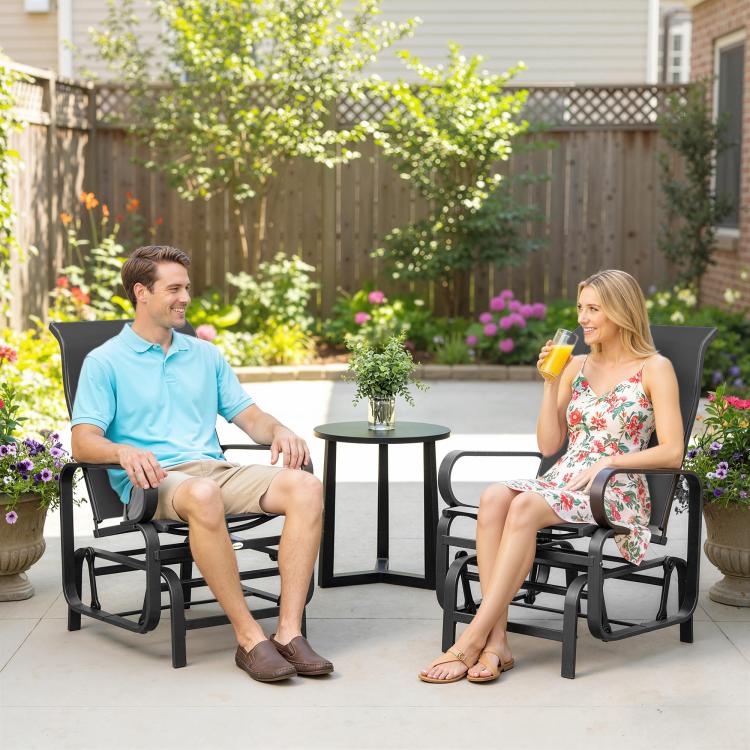 Set of 2 black mesh rocking glider chairs with armrests and curved rock base