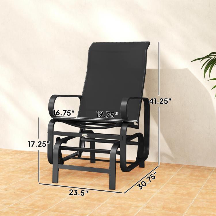 Black rocking glider chair with adjustable seat, high back, and metal frame dimensions