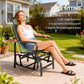 Black mesh rocking glider lounge chair with high backrest and slightly reclined seat