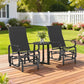 Pair of black mesh rocking glider chairs with metal frame on wooden deck