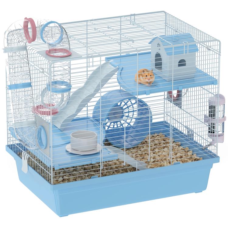 Blue 3-tier small animal cage with exercise wheel, house, ramps, food bowl, water bottle