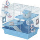Blue small animal cage with white wire panels, multi-level platforms, wheel and house