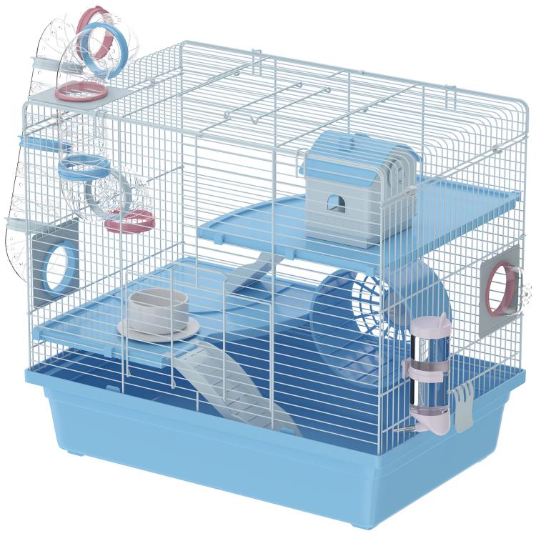 Blue small animal cage with white wire panels, multi-level platforms, wheel and house