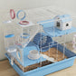 3-tier hamster cage with blue base, white wire, exercise wheel, house and ramps