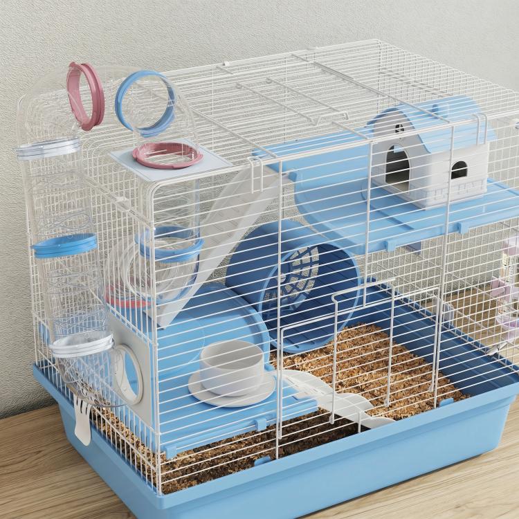 3-tier hamster cage with blue base, white wire, exercise wheel, house and ramps