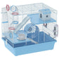 Blue and white 3-tier hamster cage with exercise wheel, tunnels, water bottle and food bowls