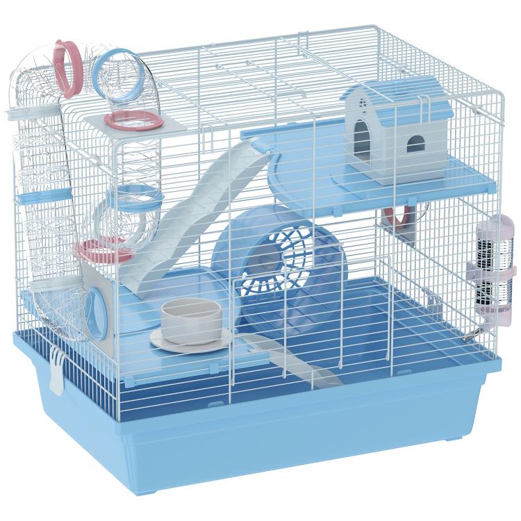 Blue and white 3-tier hamster cage with exercise wheel, tunnels, water bottle and food bowls