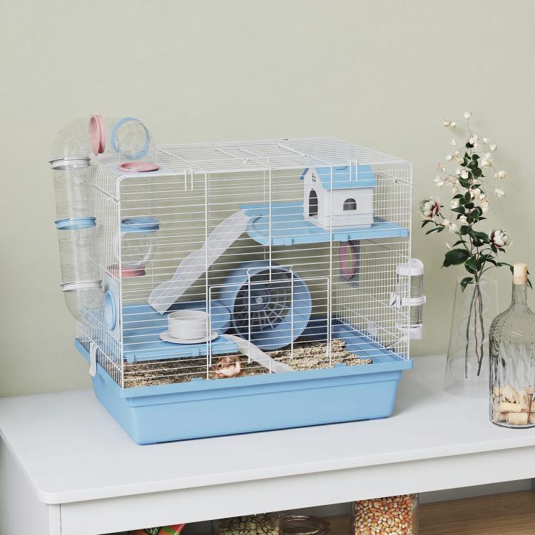 Blue 3-level hamster cage with exercise wheel, tunnel sections, and house shelter