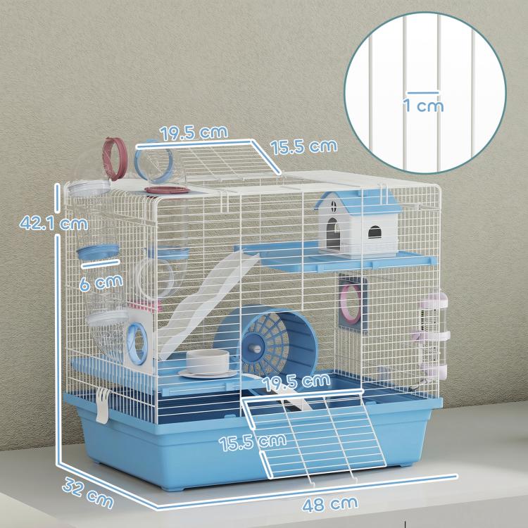 Blue small animal cage with 3 tiers, exercise wheel, food bowl, and water bottle