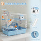 Blue 3-tier play cage with hut house, ramps, platforms, tunnels, and exercise wheel