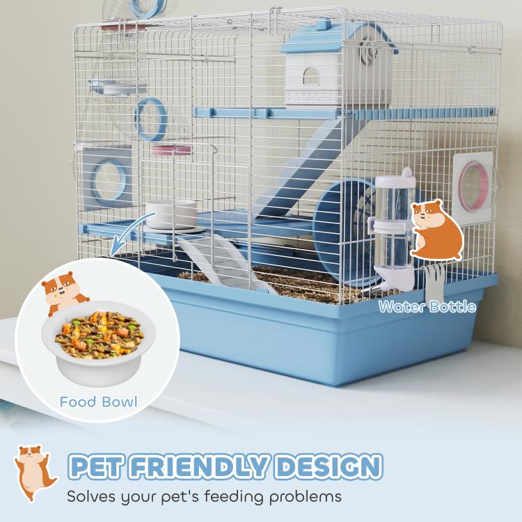 Blue hamster cage detail view with house hut, wheel, food bowl, and water bottle