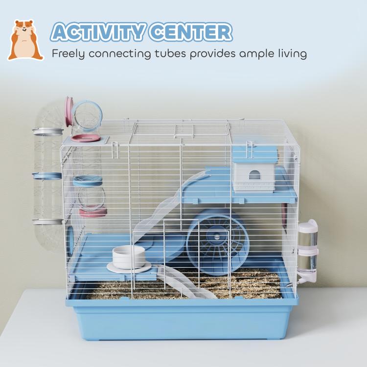 Blue activity center hamster cage with exercise wheel, ramps, house, and connected tunnels