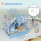 Blue multi-level hamster cage with ramps, house hut, wheel, and secure double doors
