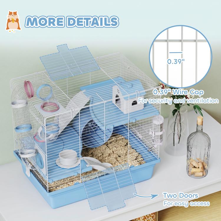 Blue multi-level hamster cage with ramps, house hut, wheel, and secure double doors