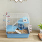 Blue 3-tier hamster cage with exercise wheel, ramps, house hut, food bowl, and water bottle