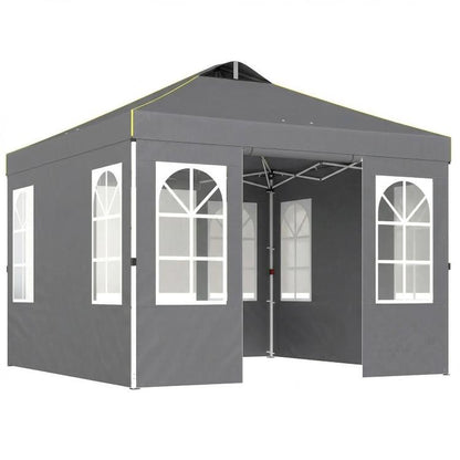 Dark gray pop-up canopy tent with attached sidewalls and four window panels