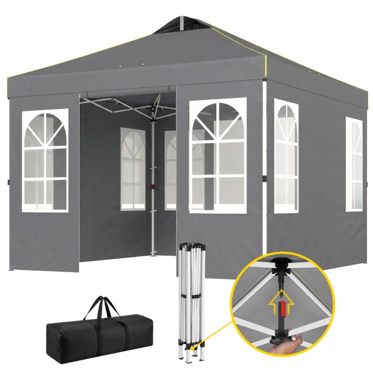 Dark gray instant canopy shelter with sidewalls, windows, and open front interior frame