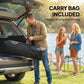 Portable pop-up canopy tent in dark carry bag, with sidewalls
