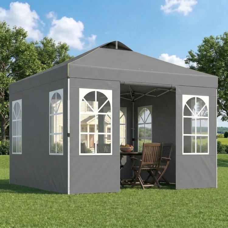 Dark gray pop-up canopy tent with transparent window side panels and open central doorway