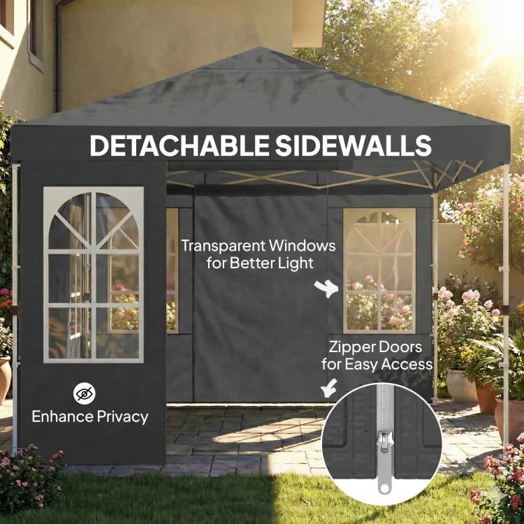 Dark gray pop-up canopy tent with detachable sidewalls, zipper doors, and transparent windows