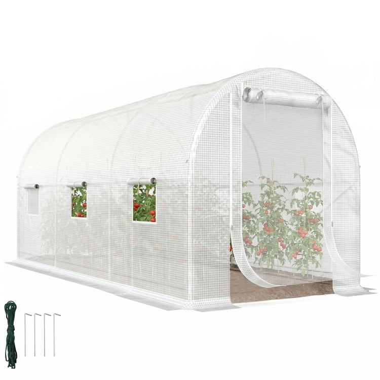White tunnel greenhouse with zippered roll-up mesh door and arched frame