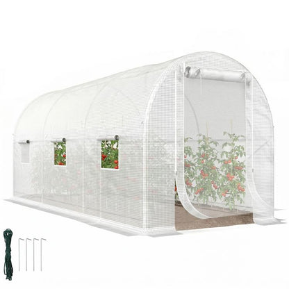 White tunnel greenhouse with zippered roll-up mesh door and arched frame