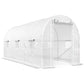 White tunnel greenhouse with arched metal frame and zippered roll-up mesh door