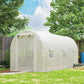 White walk-in tunnel greenhouse with arched PE mesh cover and large door opening