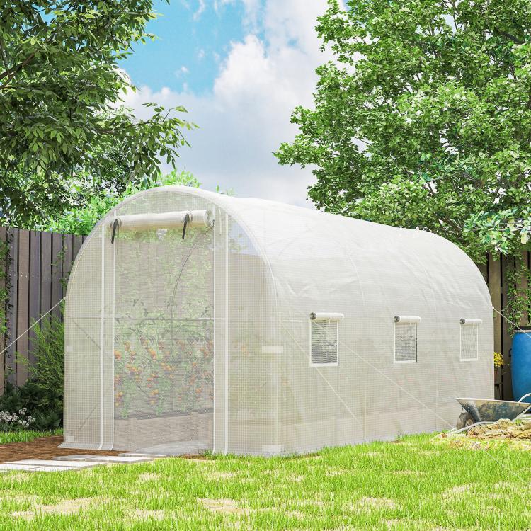 White walk-in tunnel greenhouse with arched PE mesh cover and large door opening