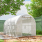 White tunnel greenhouse with front mesh door and window panels on arched frame