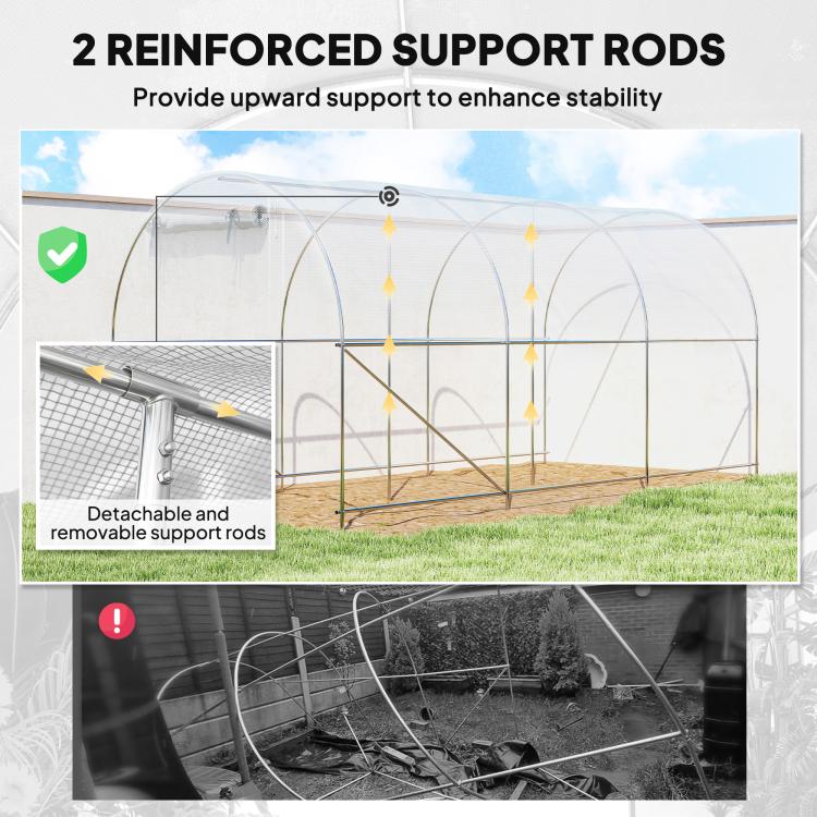 White tunnel greenhouse frame with two reinforced support rods and mesh cover