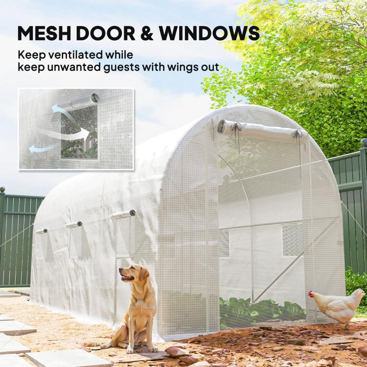 White tunnel greenhouse with mesh door, side windows, and arched frame