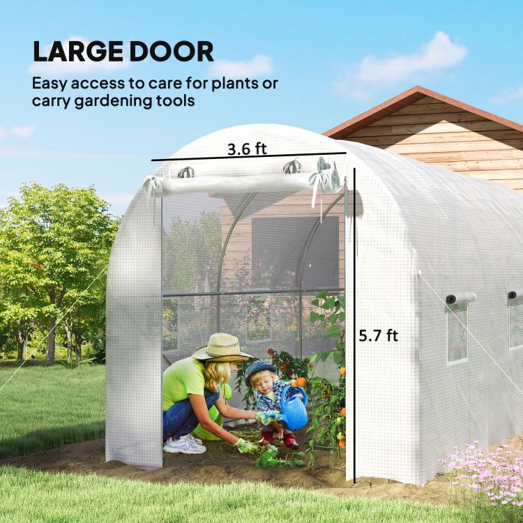 White tunnel greenhouse with large front zippered mesh door on arched frame