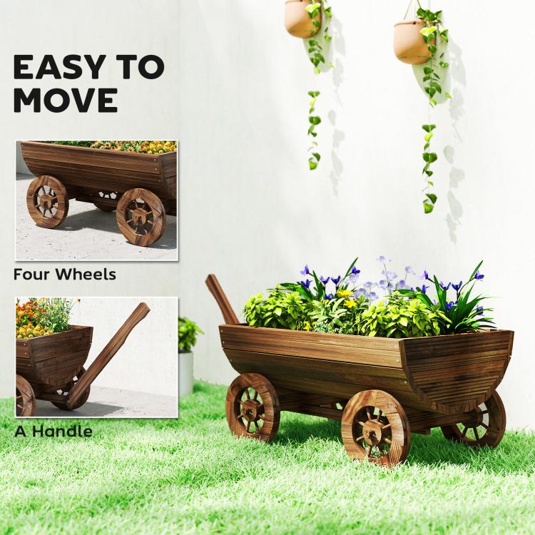 Wooden wagon planter box for easy moving, four wheels and long handle