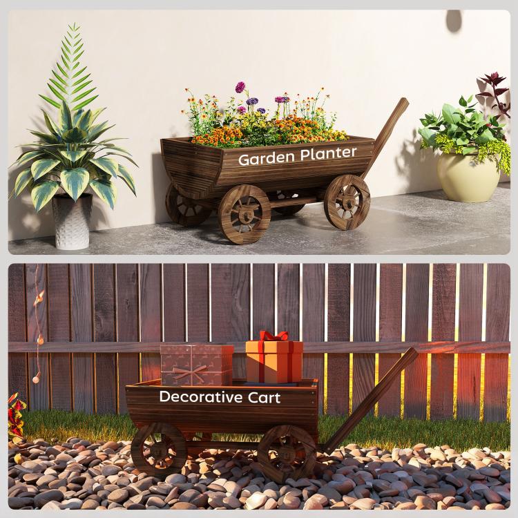 Wooden wagon planter cart with four wheels, filled with flowers and a long handle