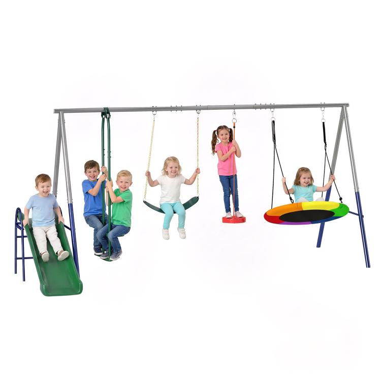 Kids outdoor swing set frame with hanging swing seats and colorful glider