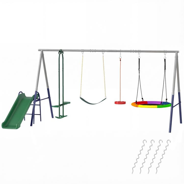 Kids swing set with green slide and multiple hanging swing seats